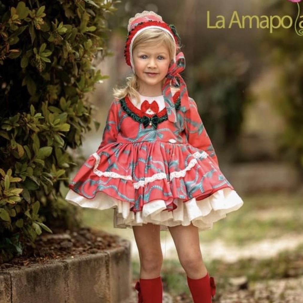 LA AMAPOLA RED AMAZONA BABY DRESS & BONNET