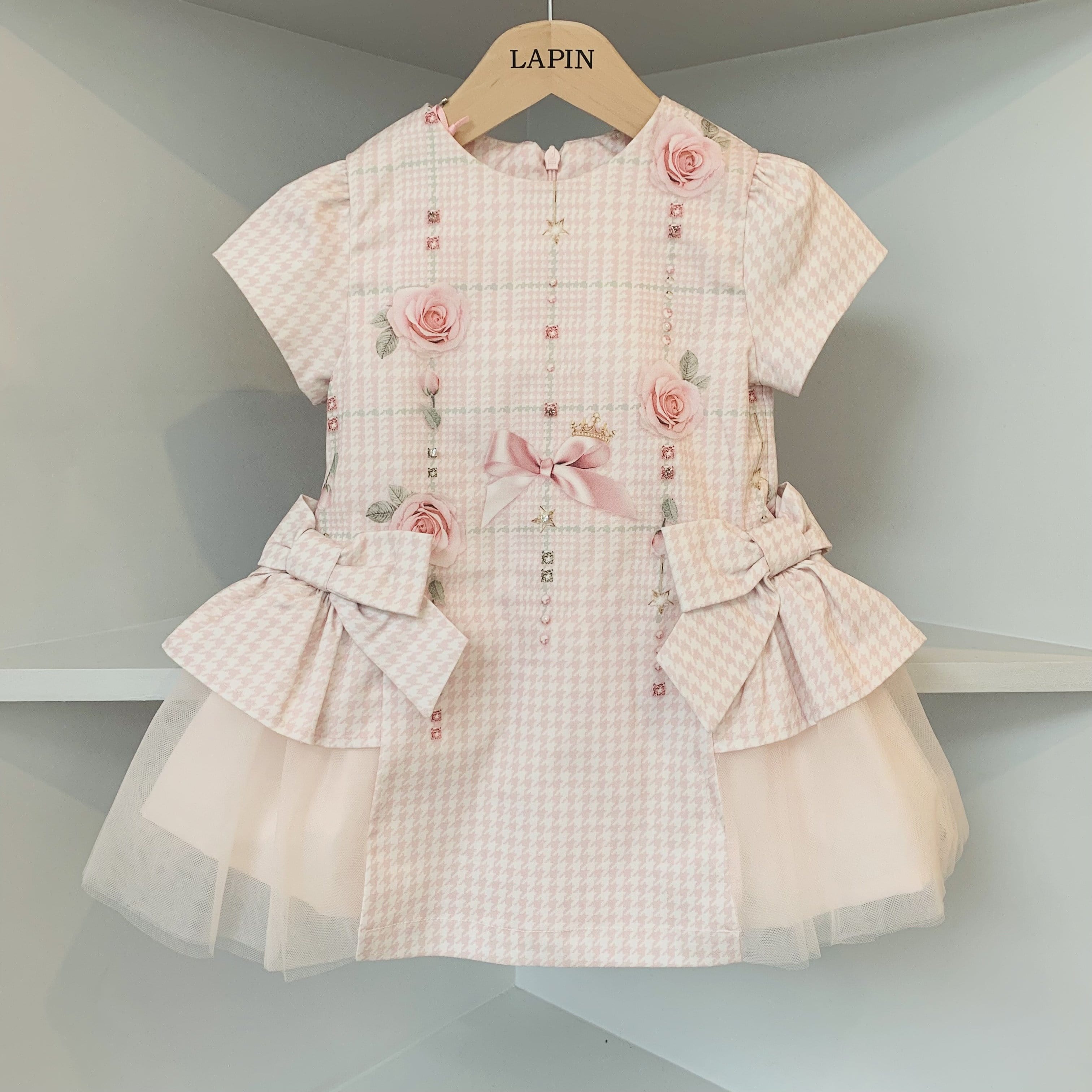 LAPIN HOUSE - Dog Tooth Double Bow Rose Dress - Pink