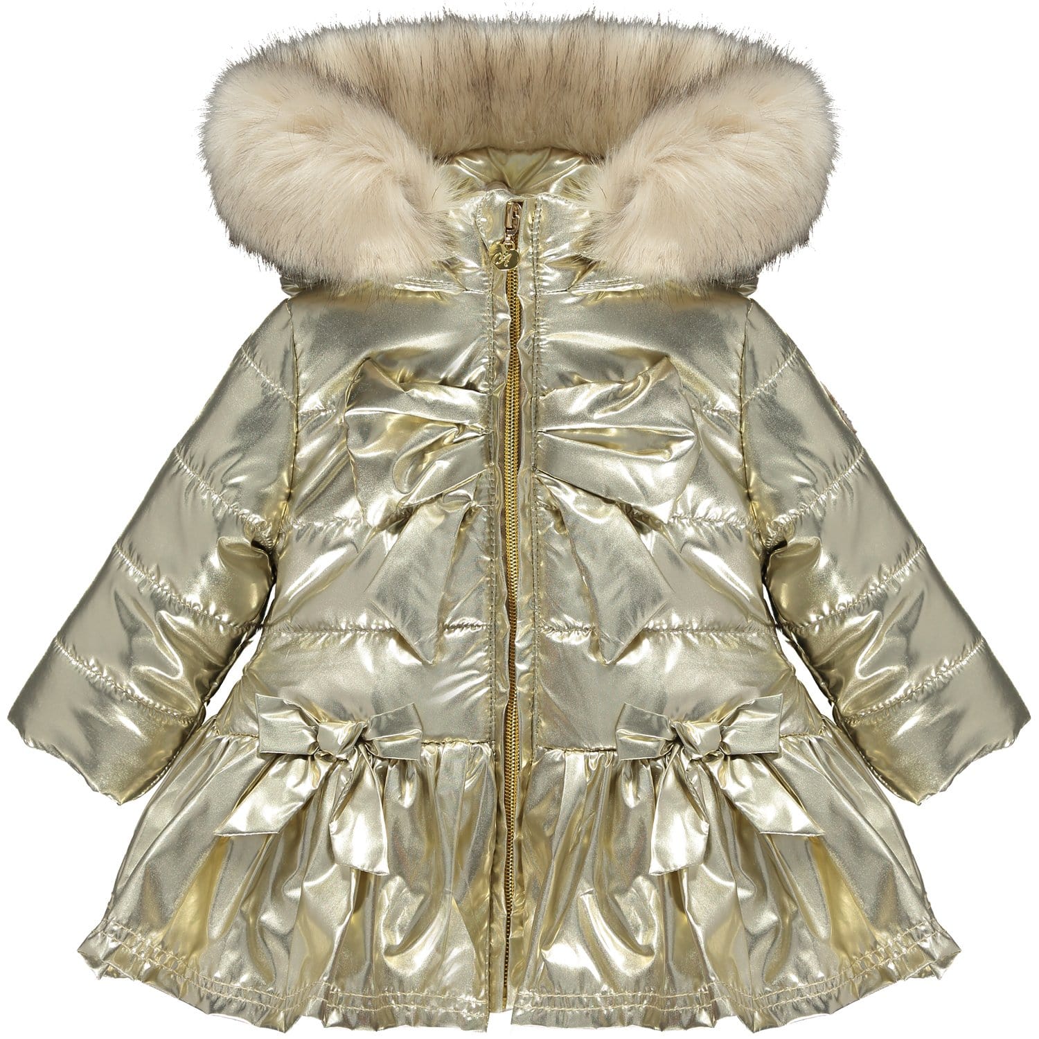LITTLE A - Bow Faux Fur Trim Jacket - Gold