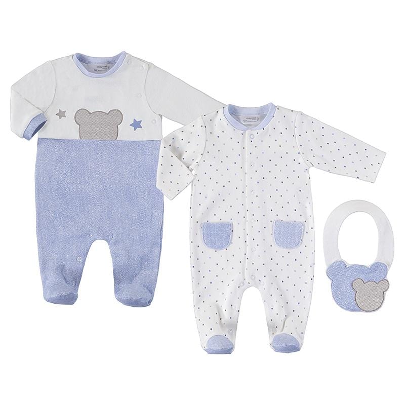 MAYORAL - Two Pack Bear Romper Set With Bib - Blue