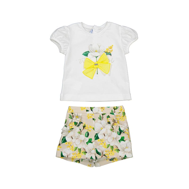 MAYORAL -  Yellow Bow Top & Short Set - Beige