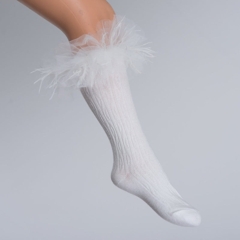 Daga - Feather Tutu Knee High Socks - Cream
