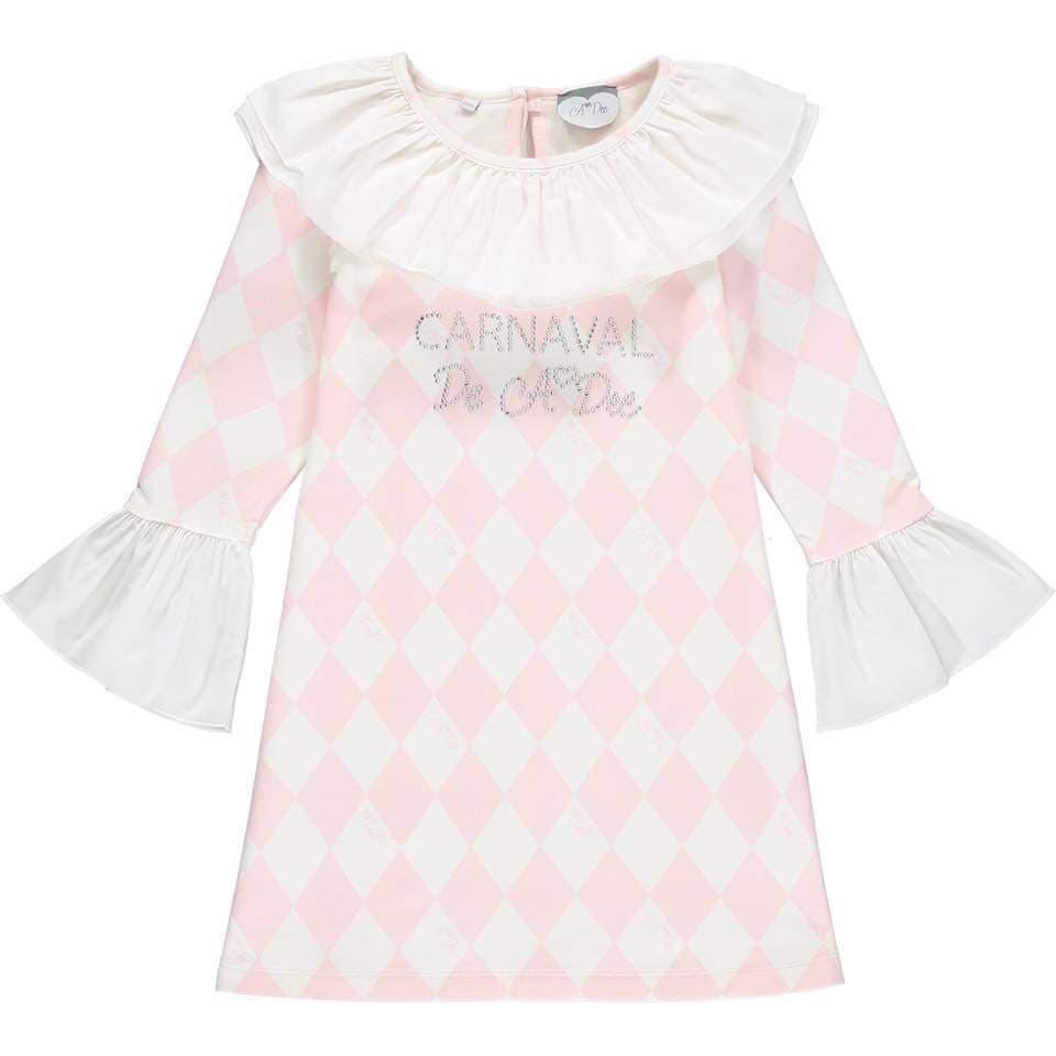 A Dee - Harlequin Frill Dress - Pink/White
