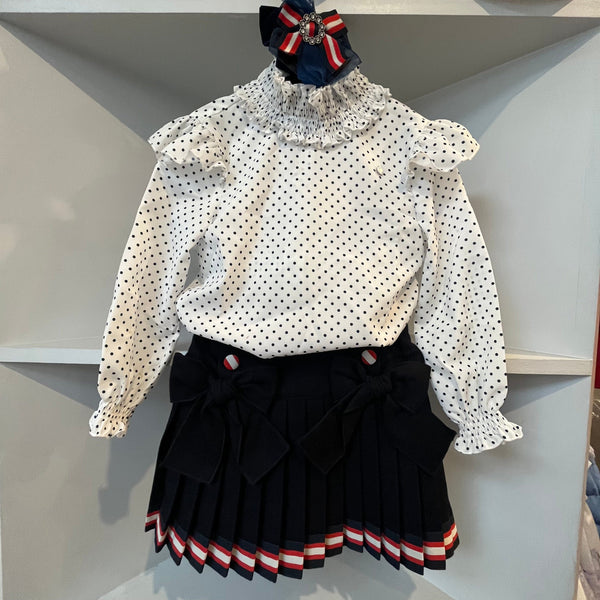 PICCOLA SPERANZA - Pleated & Polka Dot Skirt Set & Clip- Navy