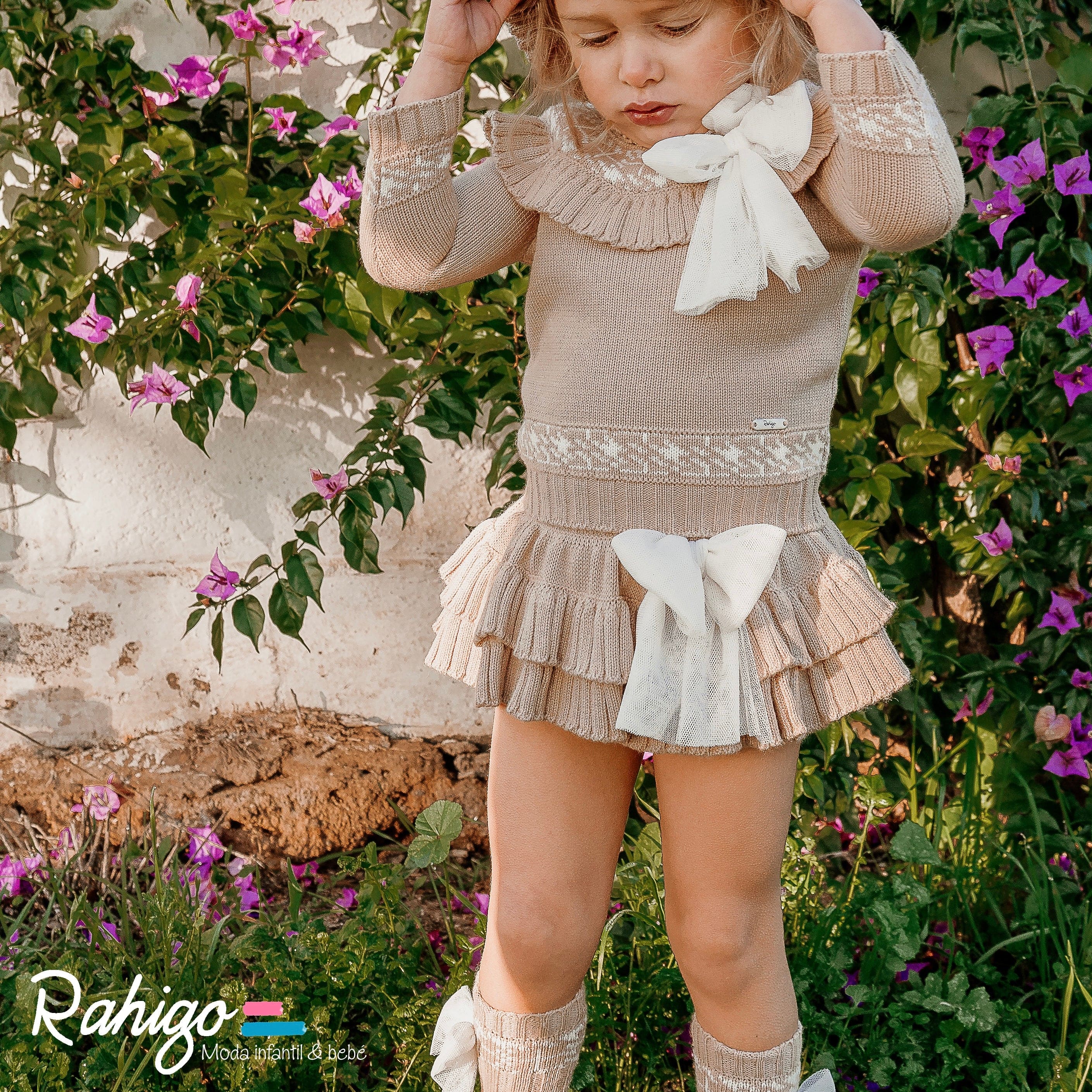 Rahigo - Four Piece Skirt Set With Cream Tulle Bow  -  Camel