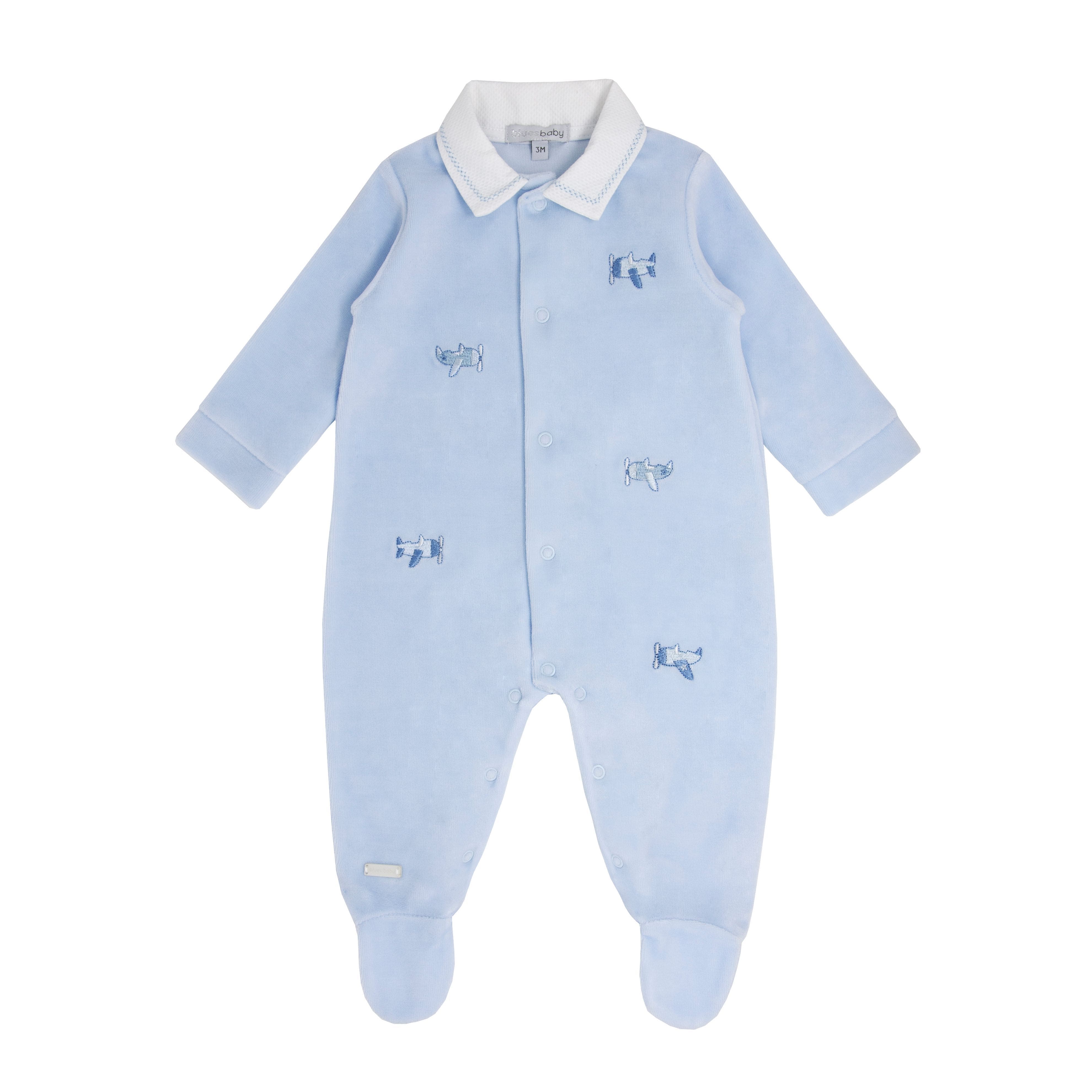 BLUES BABY - Plane Embroidered Velour Babygrow - Blue