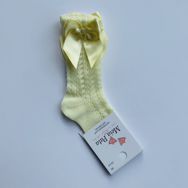 MEIA PATA - Open Knit Knee High Bow Sock - Lemon