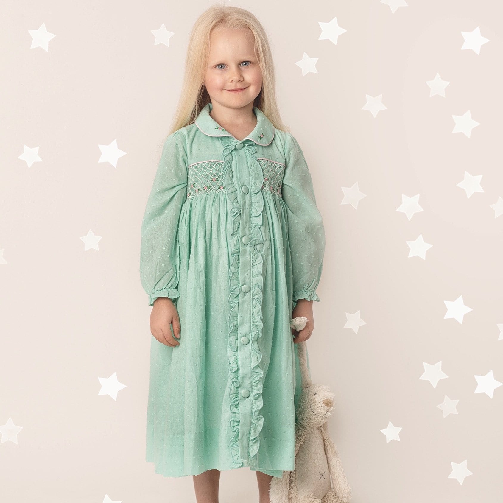 BLUEBELLS - Smocked Three Piece Dressing Gown Set - Mint