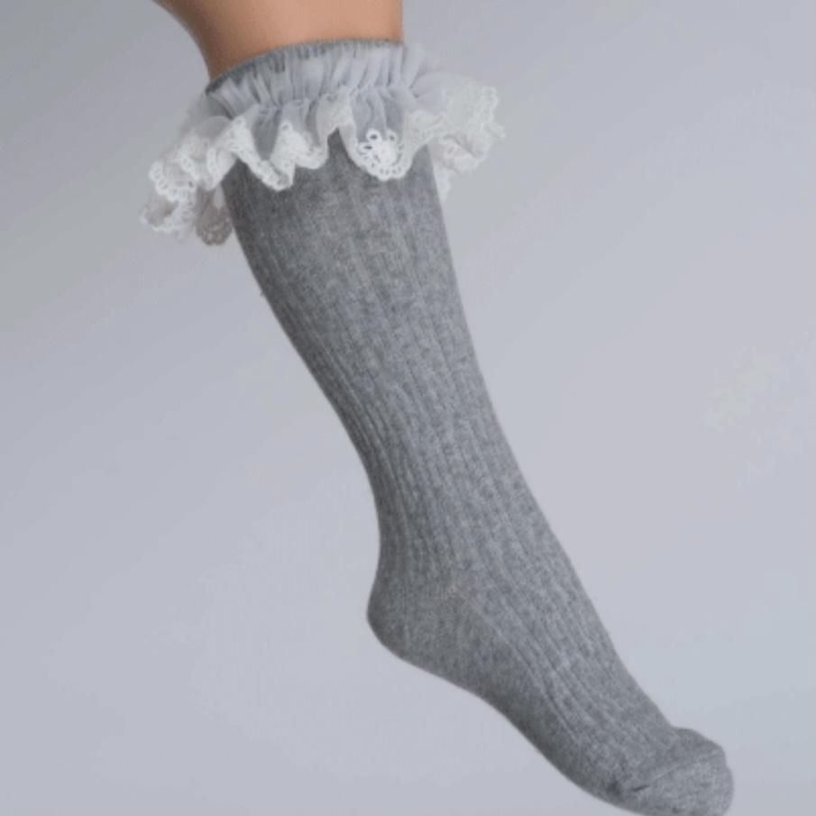 Daga - Lace Trim Knee High Socks - Grey