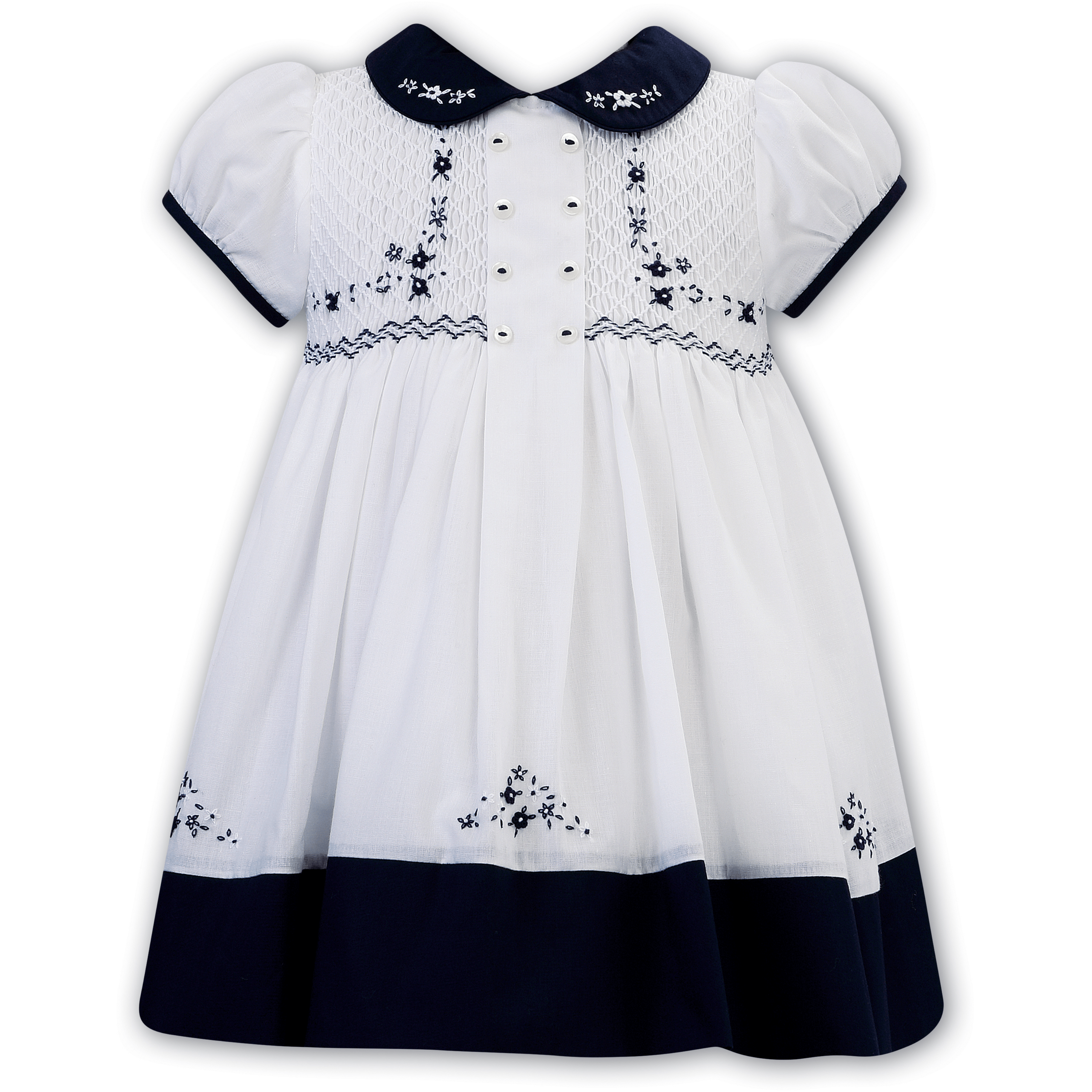 SARAH LOUISE - Peter Pan Collar Embroidered Button Smock Dress - Navy
