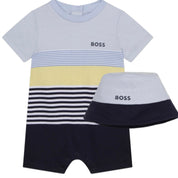 HUGO BOSS - Stripe Romper & Hat Set - Blue