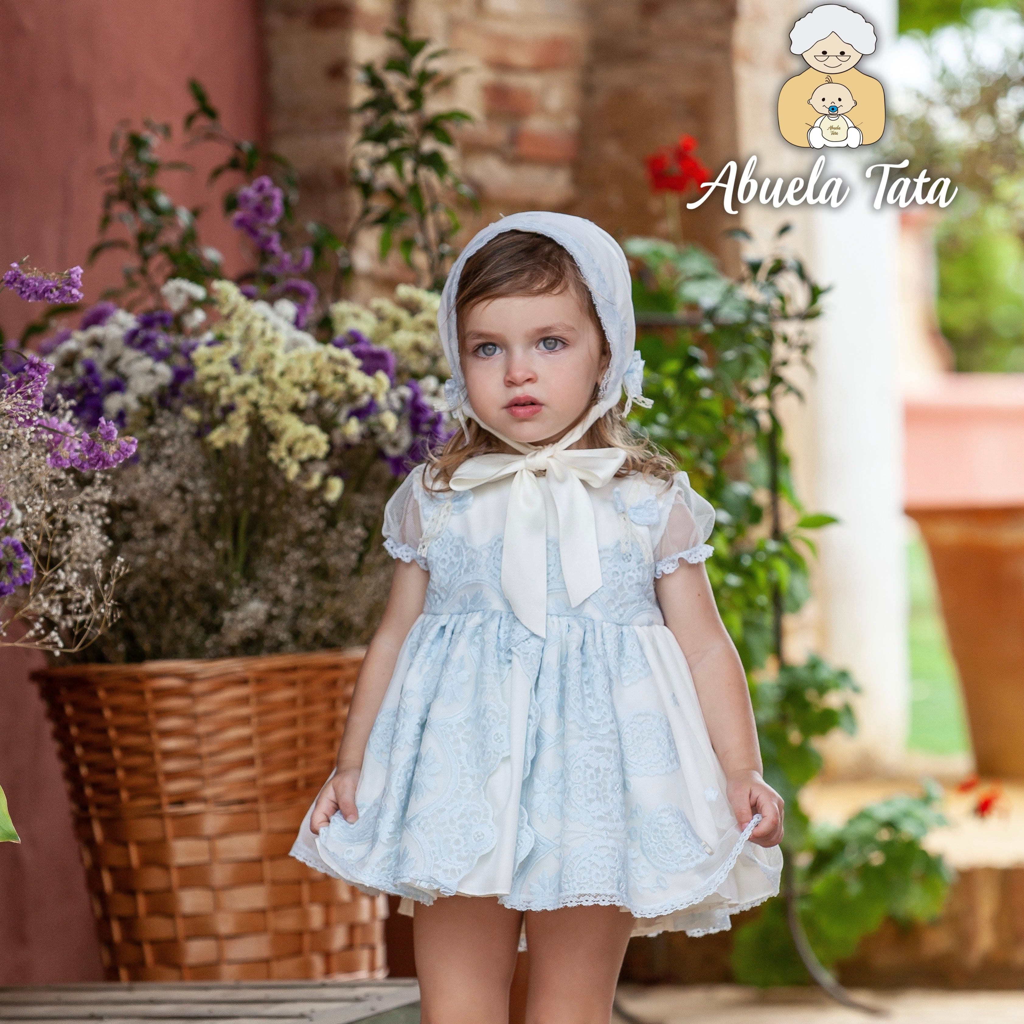 ABUELA TATA - Ceremony Lace Baby Dress & Bonnet - Blue