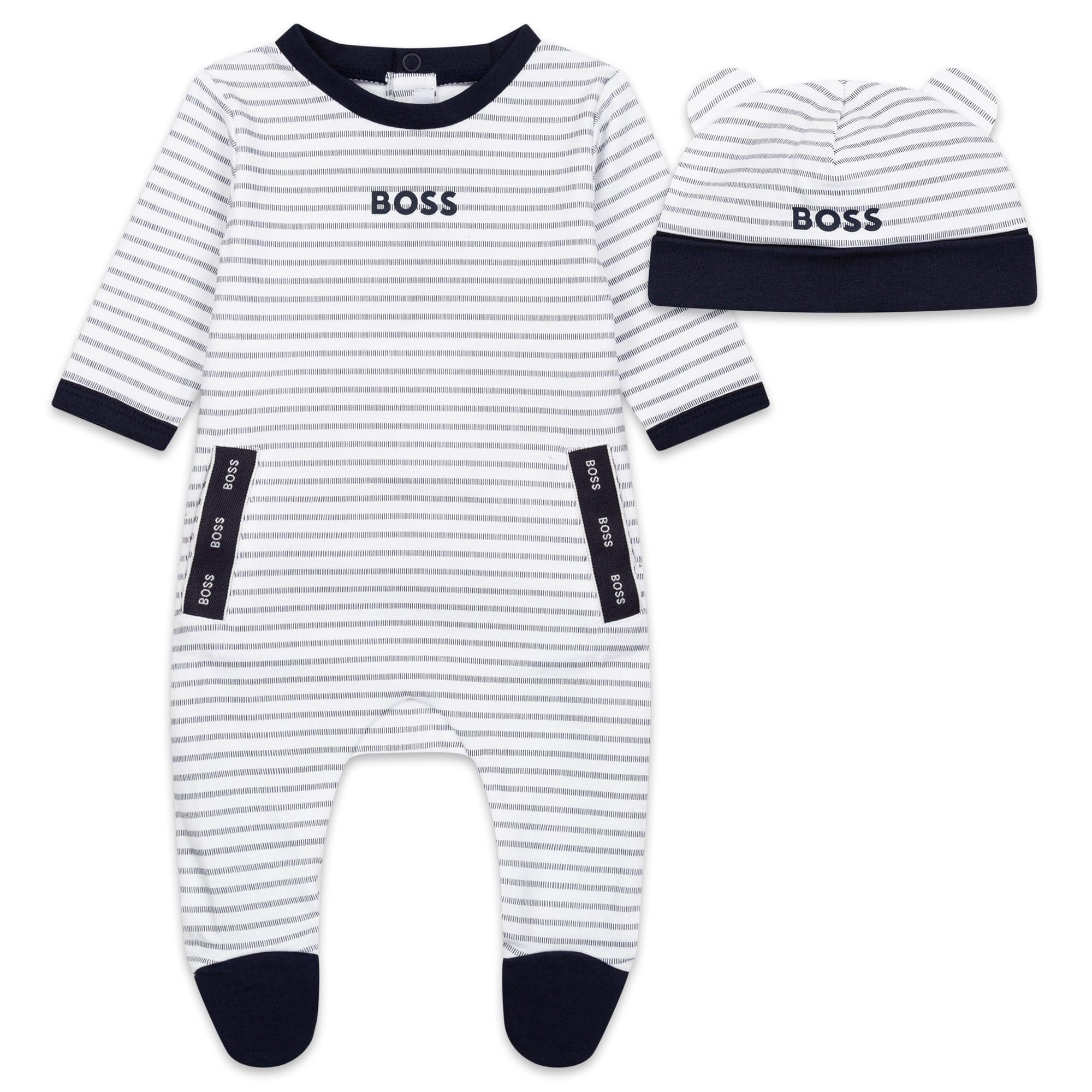 HUGO BOSS - Stripe Babygrow & Hat Gift Set - White