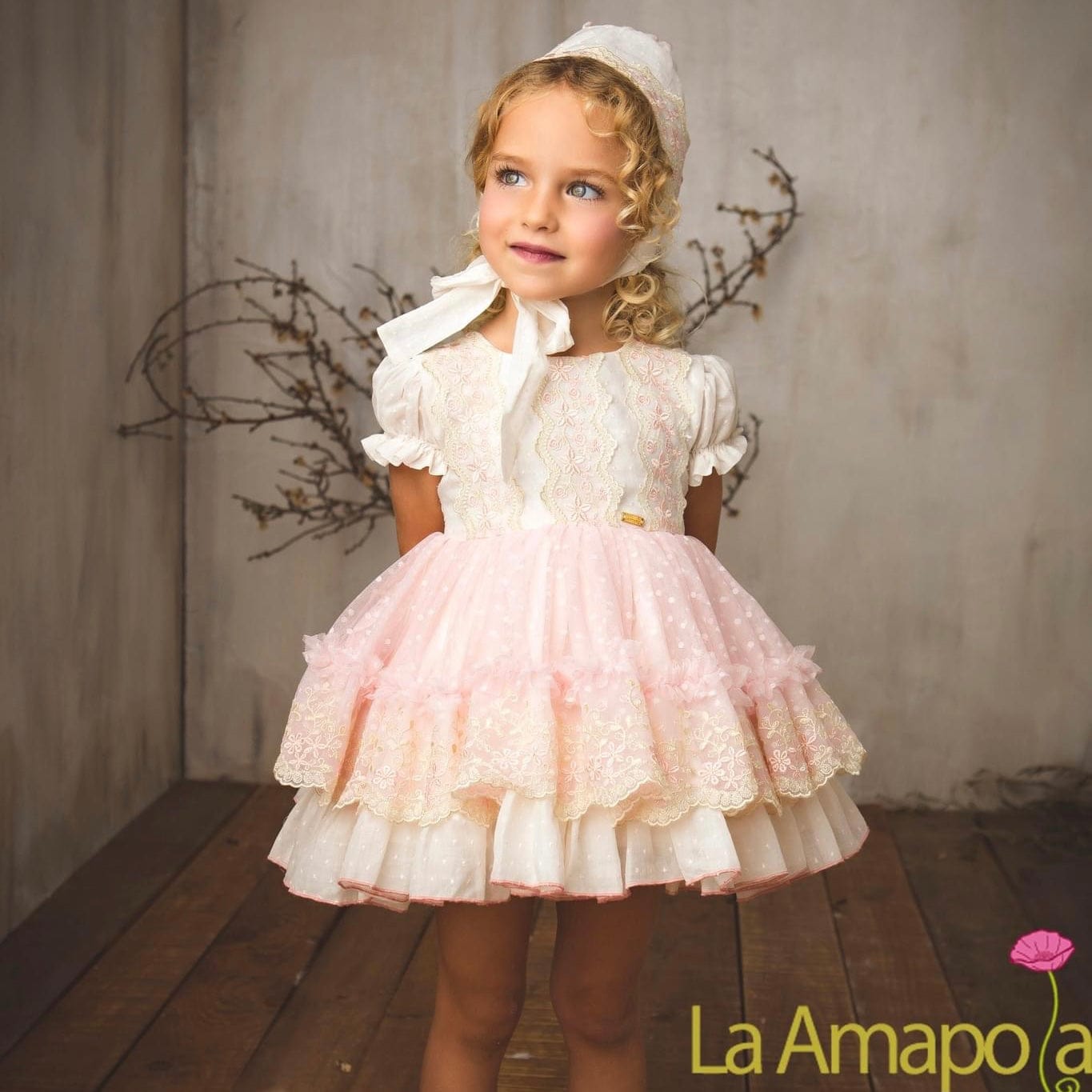 LA AMAPOLA - Princess Baby Dress & Bonnet - Pink