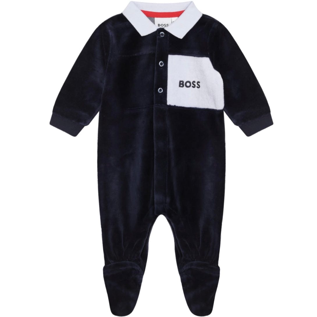 HUGO BOSS - Velour Collar Babygrow -  Navy