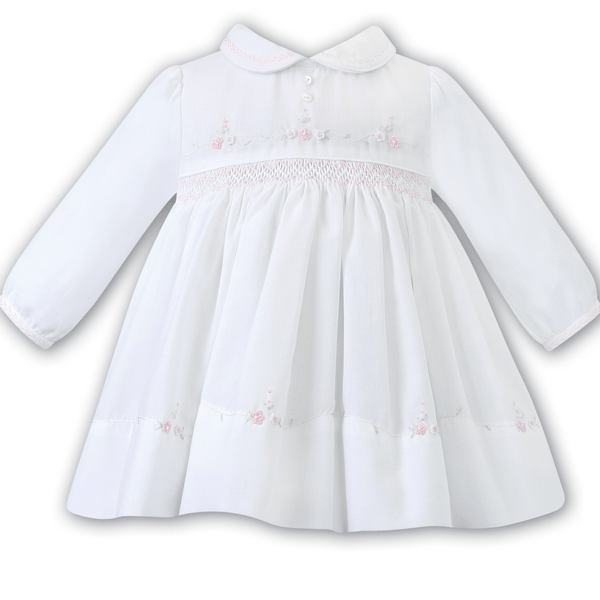 SARAH LOUISE -  Smocked Dress With Detail - White / Pink