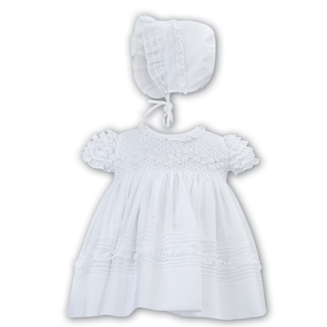 SARAH LOUISE -  Smocked Dress With Bonnet - White