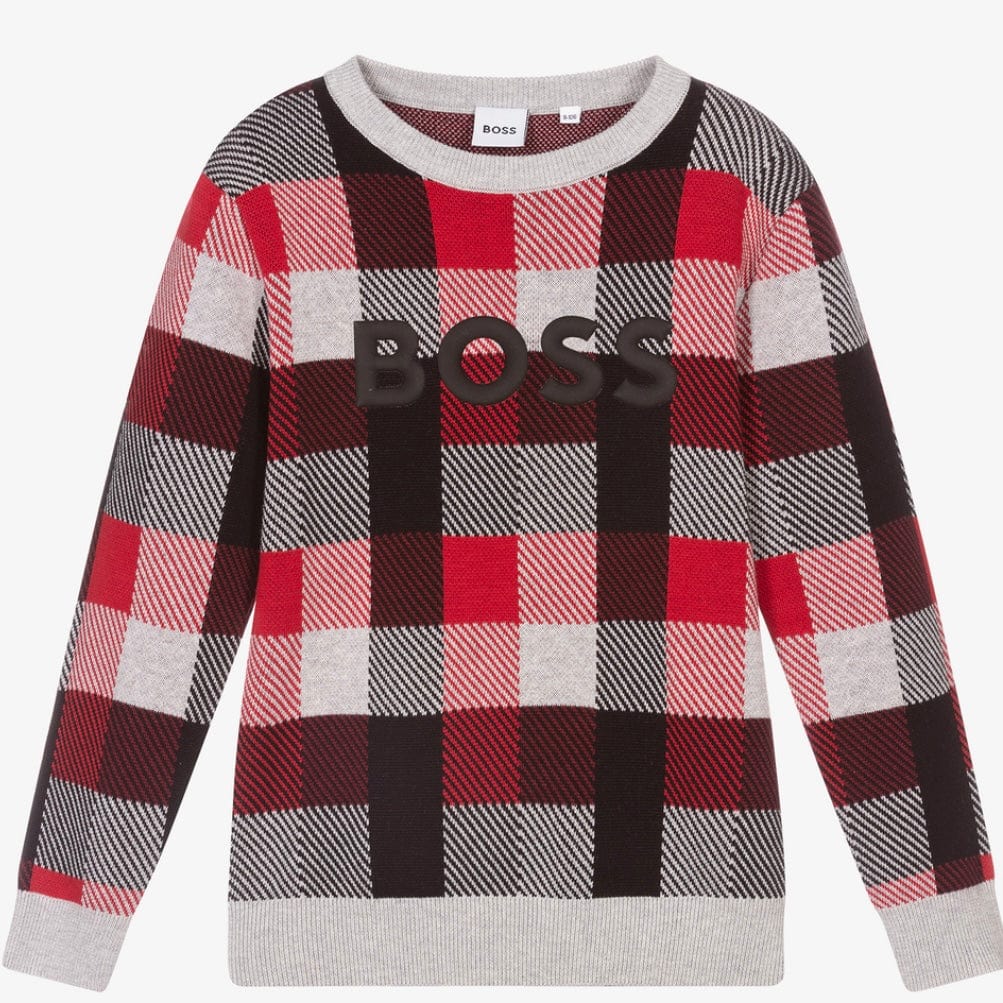 HUGO BOSS - Check Knit Sweater -  Grey