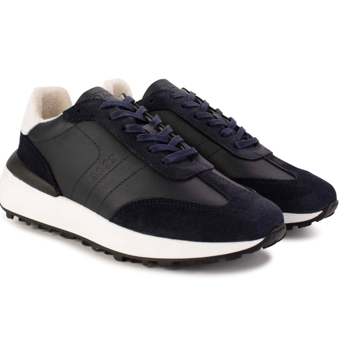 HUGO BOSS - Lace Up Leather Trainers -  Navy