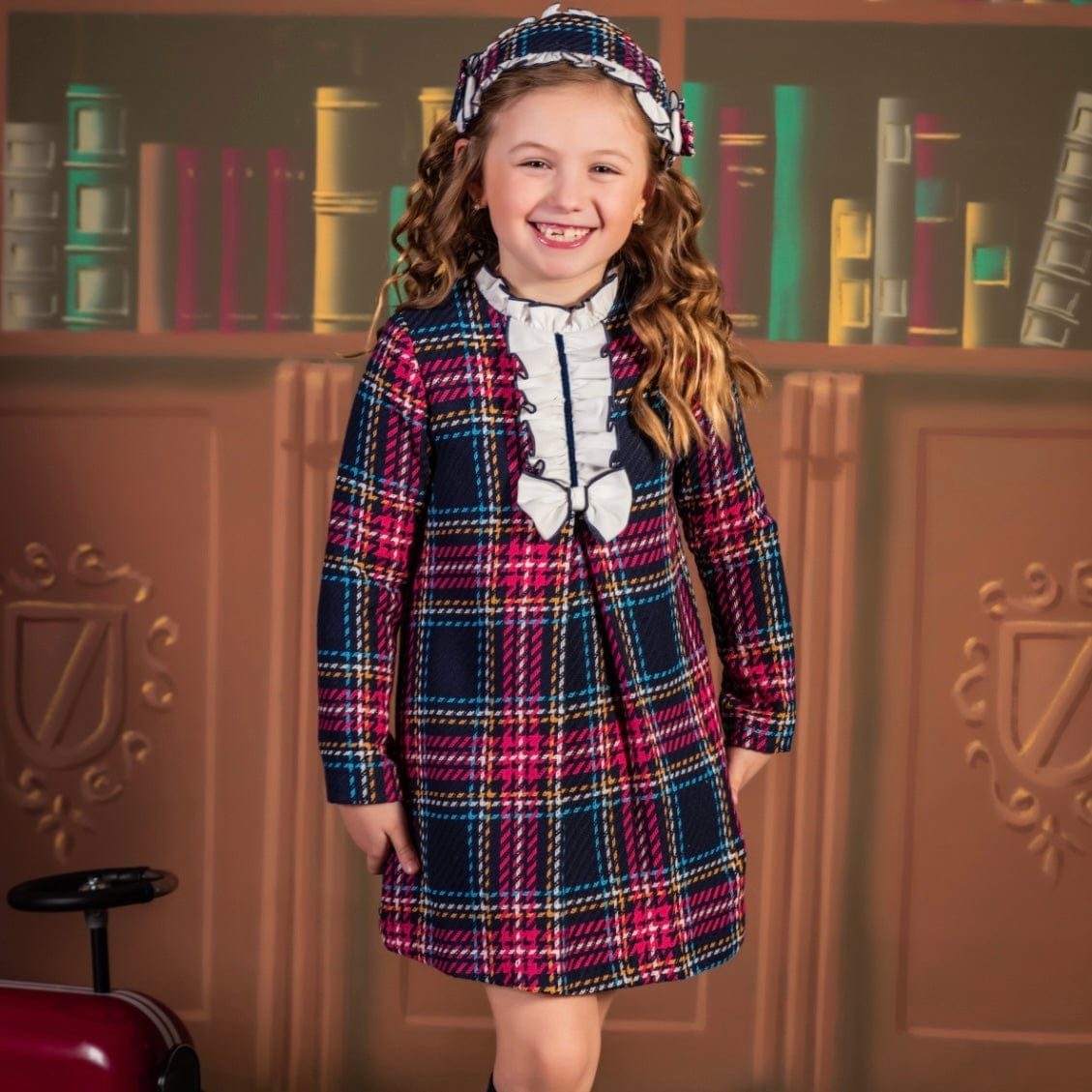 BABINE - Tartan A Line Dress with Navy Trim - Red