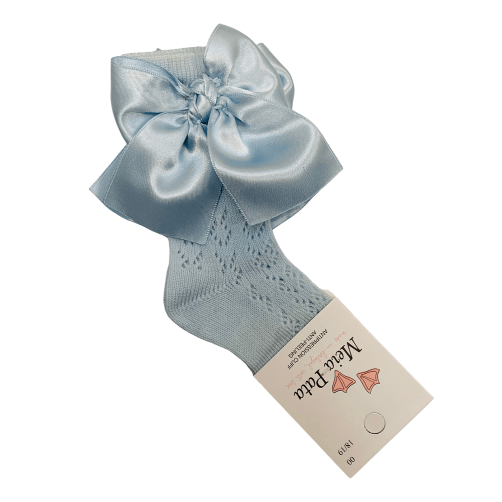 MEIA PATA - Open Knit Knee High Large Bow Sock - Baby Blue