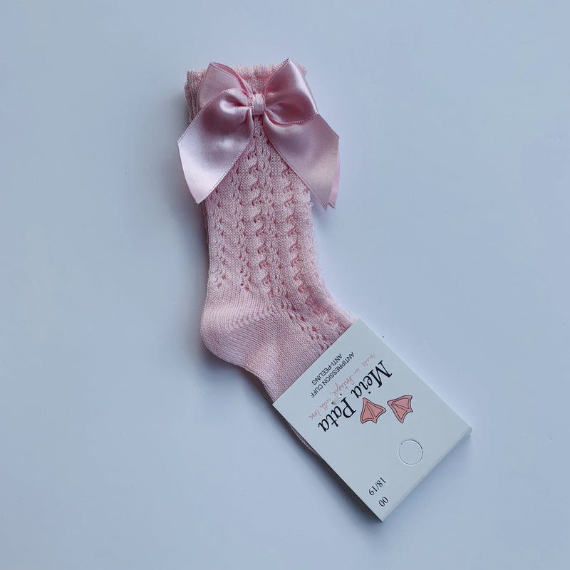 MEIA PATA - Open Knit Knee High Bow Sock - Baby Pink