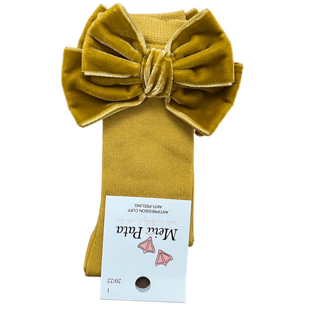 MEIA PATA - Double Bow Velvet Sock - Mustard