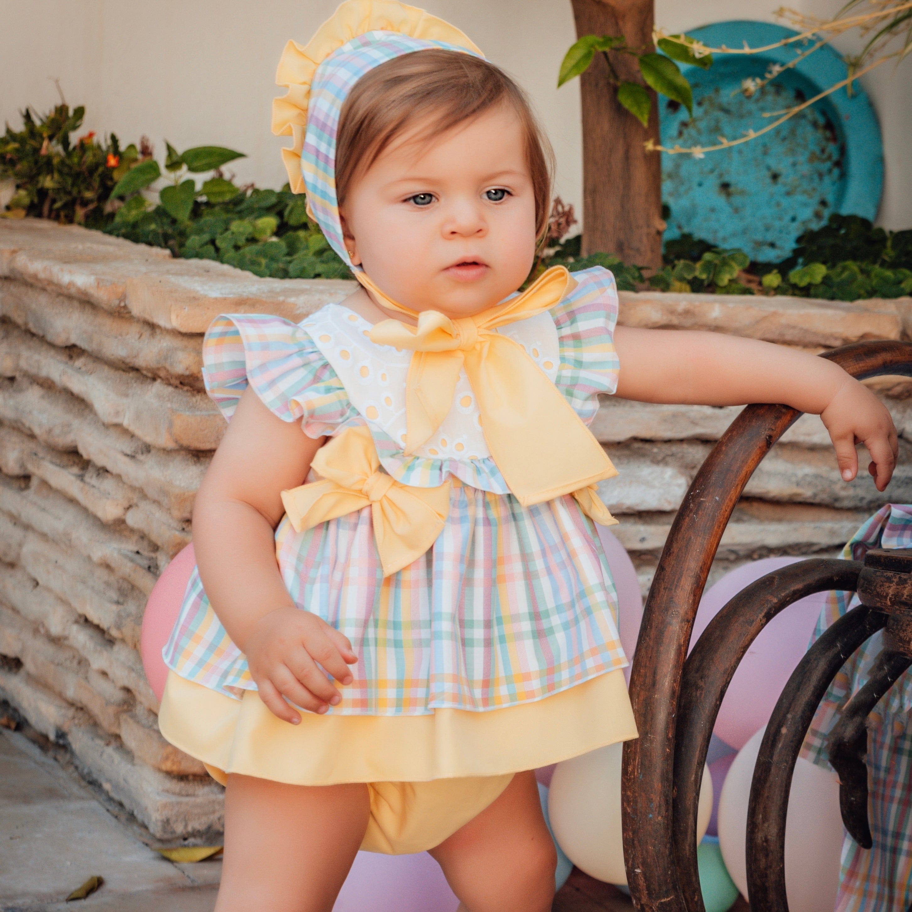 BABINE - Check Baby Dress & Bonnet  - Multi