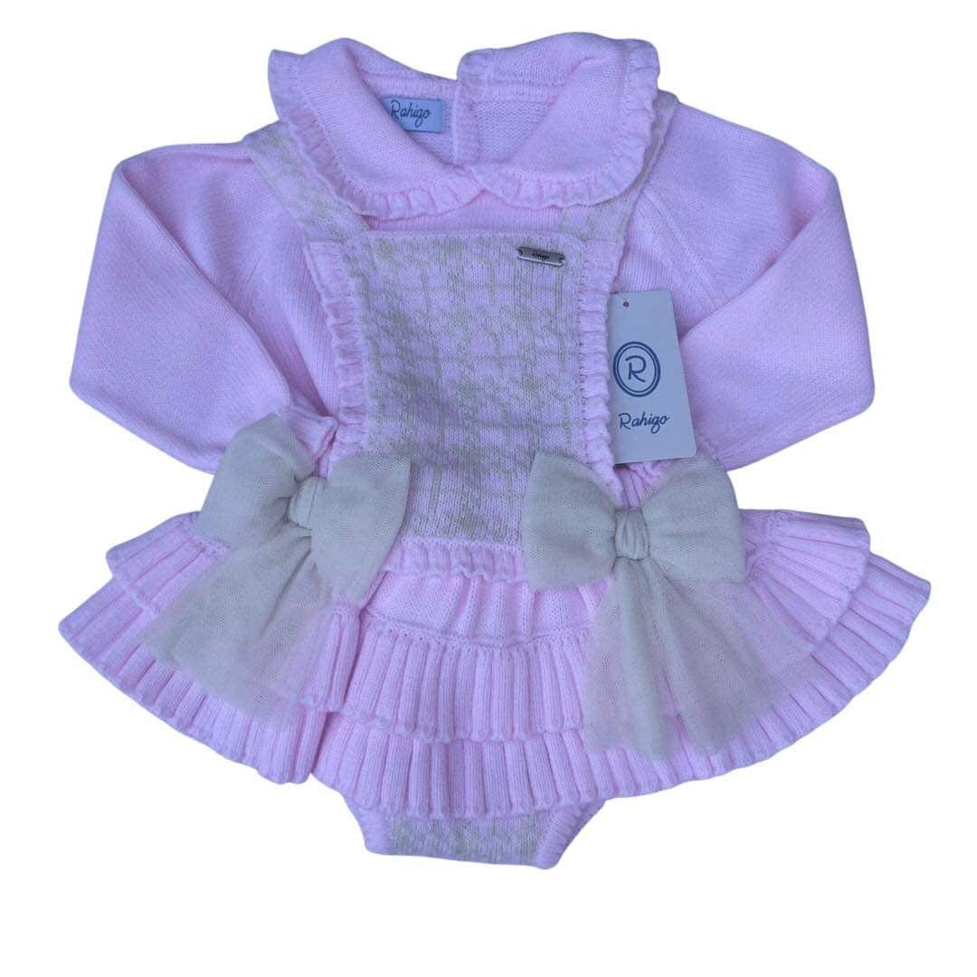 Rahigo - Two Piece Pinafore Set With Cream Tulle Bow  -  Baby Pink