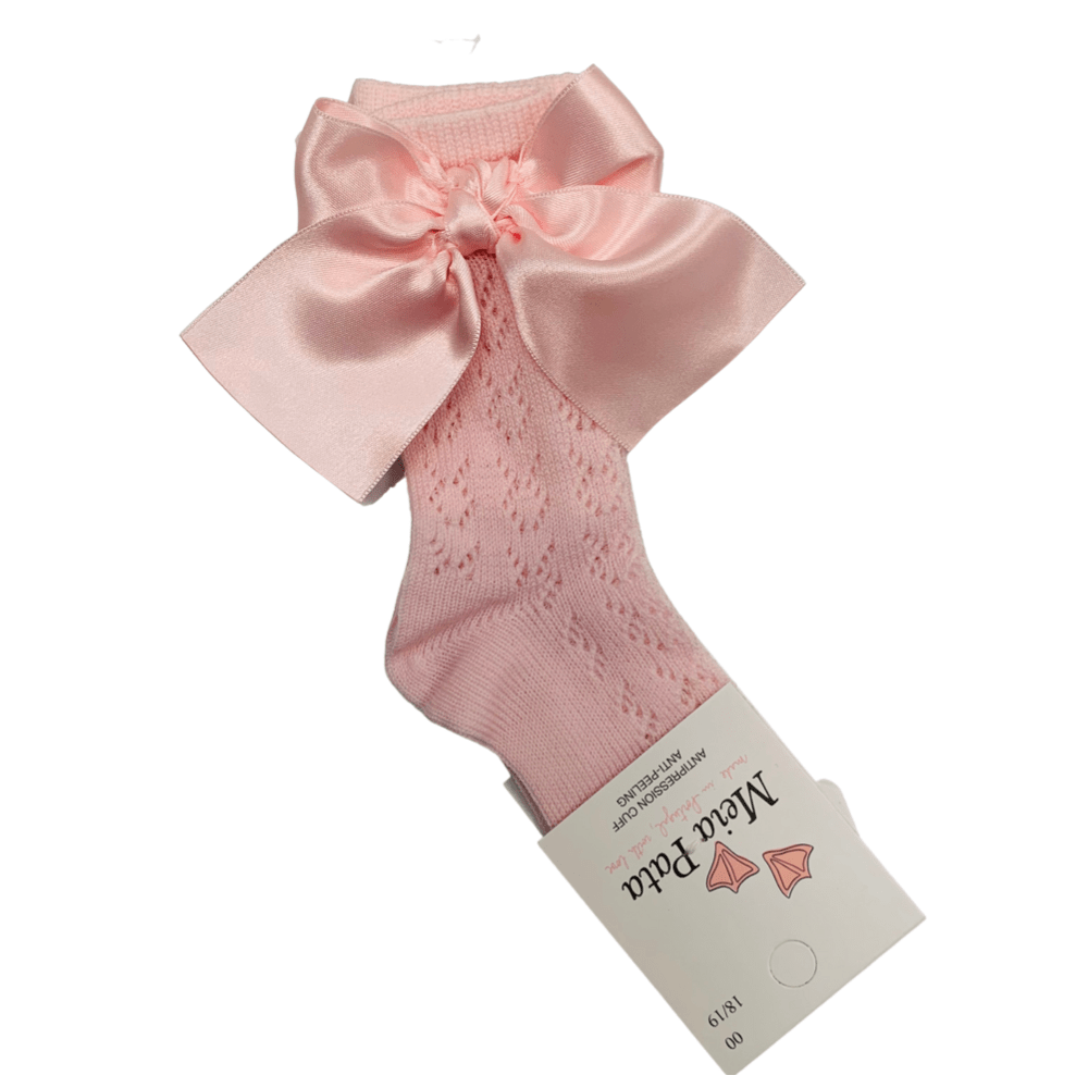 MEIA PATA - Open Knit Knee High Large Bow Sock - Baby Pink