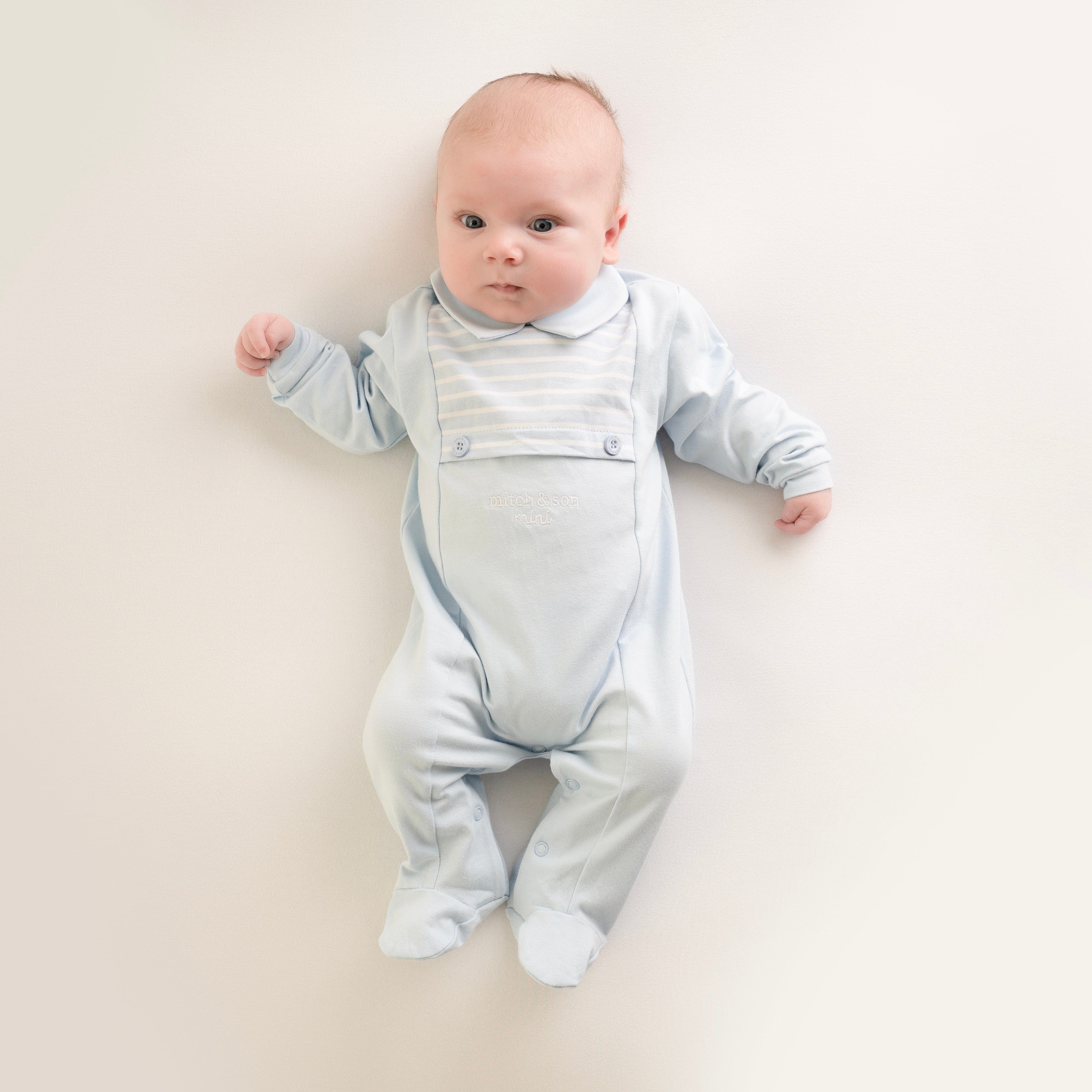 MITCH & SON - Mini Harvey Stripe Panel Babygrow - Pale Blue