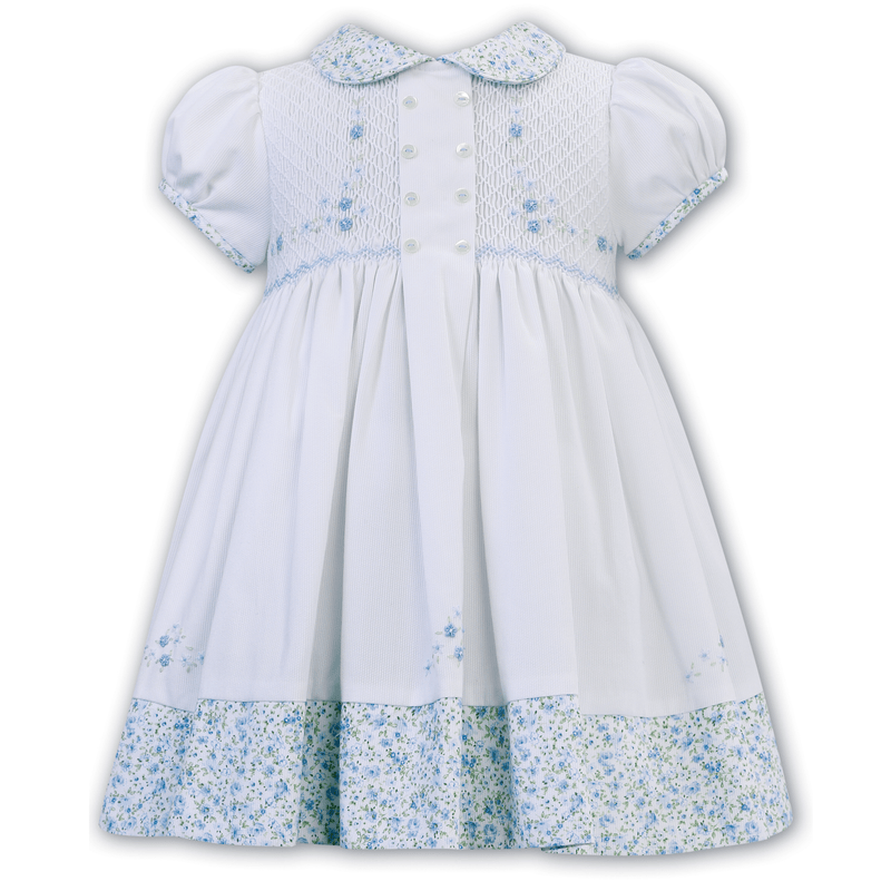 SARAH LOUISE - Peter Pan Collar Embroidered Button Floral Smock Dress - Blue