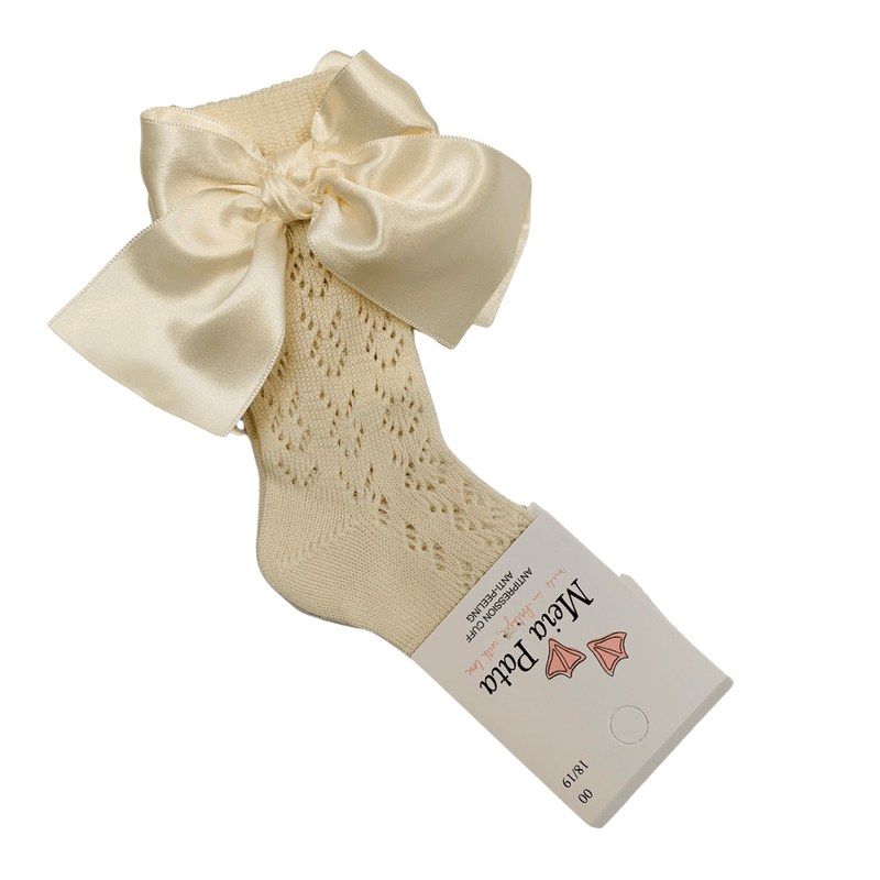 MEIA PATA - Open Knit Knee High Large Bow Sock - Cream